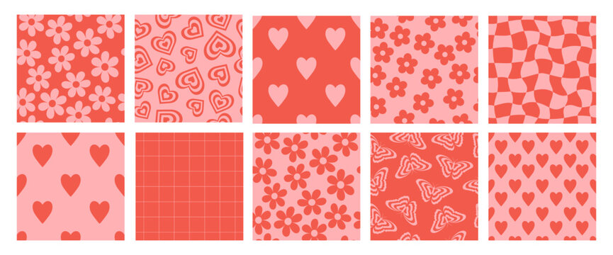 Set of groovy lovely seamless patterns. Love concept. Happy Valentines day. Fun background and texture in trendy retro 60s 70s cartoon style.