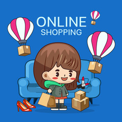 woman cartoon character shopping online at home. Ordering on mobile phone. cartoon character illustrator
