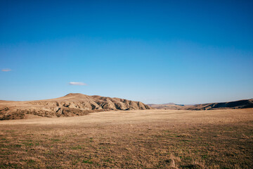 Landscape shot of the Georgian steppe Udabno in Georgia. Yellow-gold grass, wide land and blue sky. endless fields