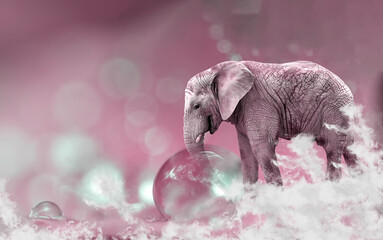a pink elephant dipping its trunk in a bubble