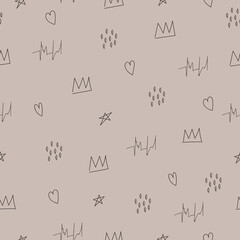 Hand drawn seamless doodle pattern crown, heart, star, dots. Creative vector background. Modern design for fabric, packaging, wallpaper, clothing. Funny vector sketches.