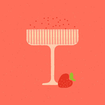 Champagne dessert glass. Alcohol drink in glass with bubbles and strawberries. Margarita for holidays and party. Vector flat texture illustration. Retro bright simple poster