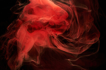 Red black ink abstract background. Acrylic paint backdrop for perfume, hookah, cosmetics. Mysterious smoke clouds, colorful fog
