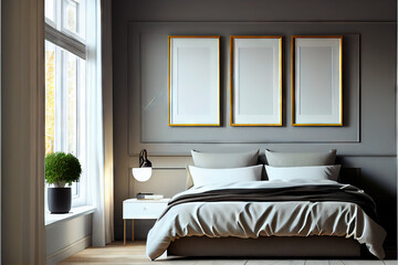 Empty frames in a modern stylish bedroom with double bed and cushions