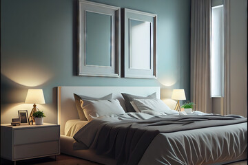 Empty frames in a modern stylish bedroom with double bed and cushions