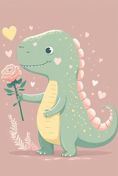 illustration cute clip art child-like design, adorable dinosaur with flower idea for child art card 