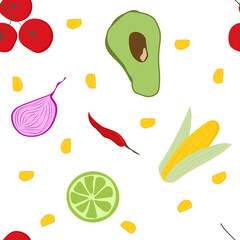 Seamless vector pattern with yellow corn, corn kernels, tomato, onion, avocado, chili and lime on a white background. Square composition. Vector background.