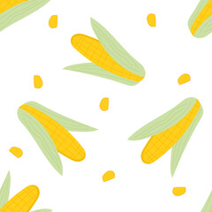 Seamless pattern with yellow corn and corn grains on a white background. Square composition. Vector background.