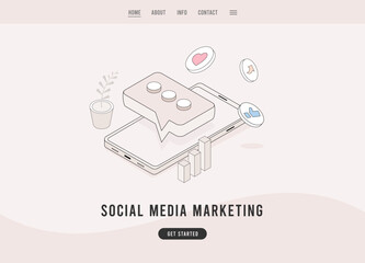 Social media marketing concept. SMM e-marketing and digital promotion. Flat design vector e-commerce landing page template