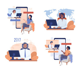 Excellent customer service 2D vector isolated illustration set. Flat characters on cartoon background. Colorful editable scene pack for mobile, website, presentation. Oswald Regular font used