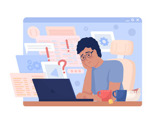 Hectic software engineer job 2D vector isolated illustration. Overloaded with work male freelancer flat character on cartoon background. Colorful editable scene for mobile, website, presentation