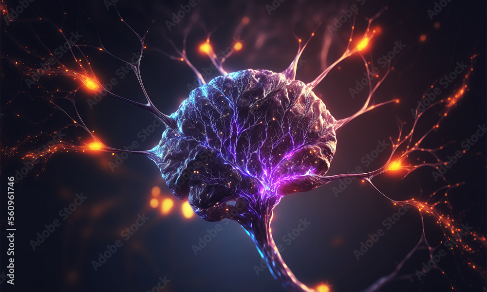 Leinwandbilder Glowing brain background with neural links network. Illustration representing artificial intelligence neuronal activity. Generative AI