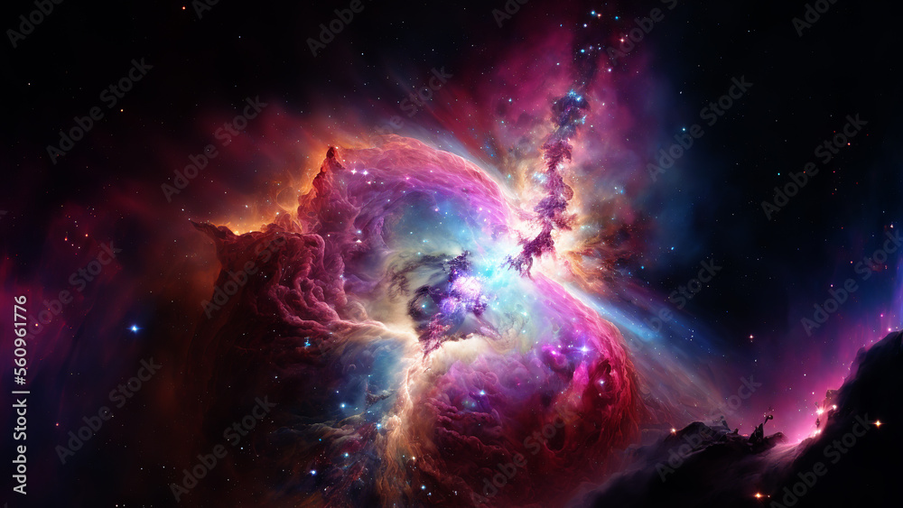 Poster Large panoramic view of a colorful dark blue nebula in space. Cosmic background with bright shining stars, galaxies and deep universe. Generative ai
