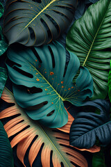 Green tropical leaves background. Natural foliage leaf texture. View of palm plants. Generative ai