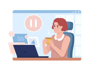 Managing time as freelancer 2D vector isolated illustration. Pleased woman taking lunch break flat character on cartoon background. Colorful editable scene for mobile, website, presentation