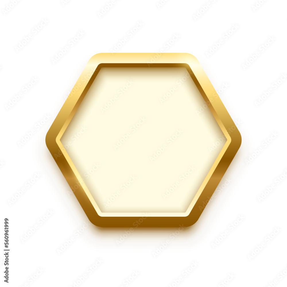 Poster 3d plate button of hexagon shape with golden frame vector illustration. Realistic isolated website element, golden glossy label for game UI, badge of navigation menu with shiny light effect on border
