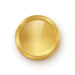 Gold coin vector illustration. 3d realistic golden money cash or treasure sign, isolated shiny medal or premium game prize, front view of metal coin with round border frame