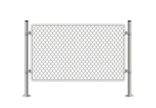 Chain link fence vector illustration. 3D realistic metal grid safety barrier with mesh net between steel or iron poles, isolated border silver or steel structure for fence perimeter