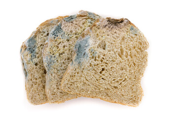 Close-up of moldy bread isolated on a white background