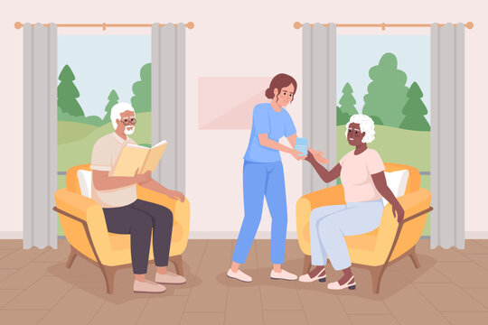 Retirement community flat color vector illustration. Assisted living facility. Geriatric nurse caring about seniors. Fully editable 2D simple cartoon characters with home interior on background