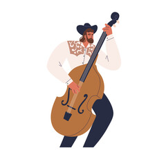 Double bass player performing classic music. Musician artist standing, holding string instrument, playing with fingers. Professional performer. Flat vector illustration isolated on white background