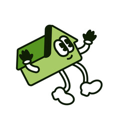 House on legs with happy smile vintage style vector illustration. Ecological alternative electricity power of future. Sustainable house for kids cartoon funny style. 50th 60th 70th hero image. 