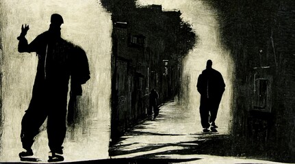 silhouette of a man wearing large clothes in a darlk street, hip hop or gang concept illustration