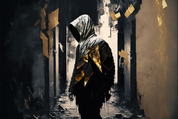 Faceless man wearing ample clothes, concept illustration for hip hop fashion, gold and black colors