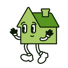 House on legs with happy smile vintage style vector illustration. Ecological alternative electricity power of future. Sustainable house for kids cartoon funny style. 50th 60th 70th hero image. 