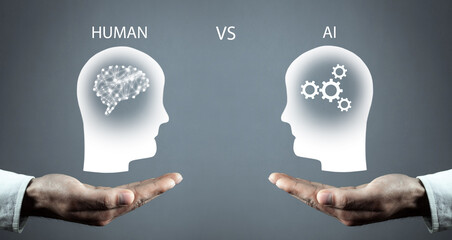 Human head VS Ai. Human intelligence vs artificial intelligence