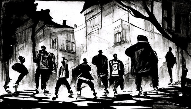 silhouette of a man wearing large clothes in a darlk street, hip hop or gang concept illustration