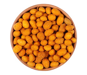 Peanuts hot spice in clay pot, snack pile isolated on white background, top view
