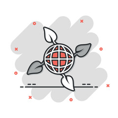 Planet and leaf icon in comic style. World and eco cartoon vector illustration on white isolated background. Globe and organic splash effect business concept.
