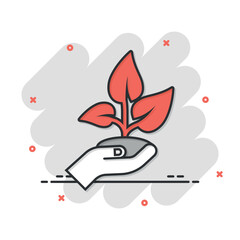 Hand with plant icon in comic style. Flower sprout cartoon vector illustration on white isolated background. Environmental protection splash effect sign business concept.