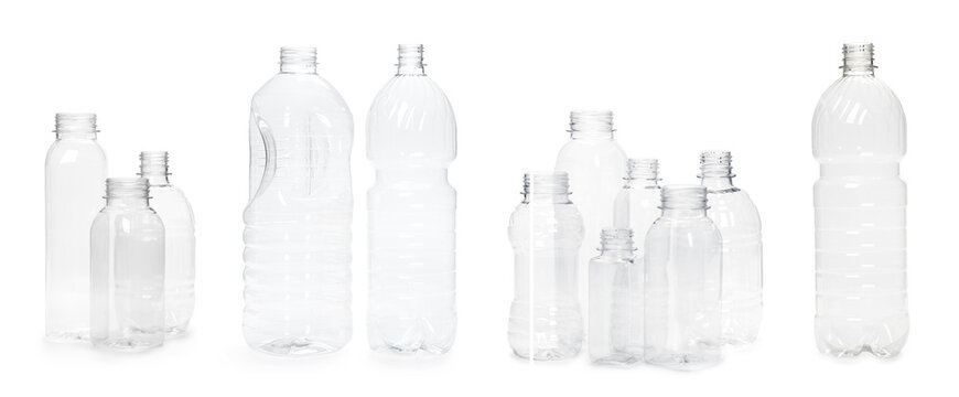 selection of quality photo collage of many different empty plastic bottles isolated on white background. production of new containers