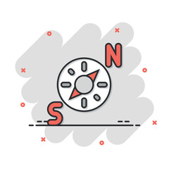 Compass icon in comic style. Navigation equipment cartoon vector illustration on white isolated background. Journey direction splash effect business concept.