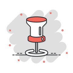 Thumbtack icon in comic style. Pin navigation cartoon vector illustration on white isolated background. Locate position splash effect business concept.