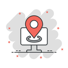 Computer navigation icon in comic style. Monitor pin gps cartoon vector illustration on white isolated background. City area location splash effect business concept.