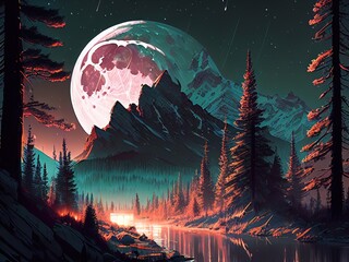 rocky mountains at night, large full moon in the center of the background, pine trees, digital art