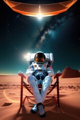 Fototapeta premium an astronaut resting on mars in a beach chair