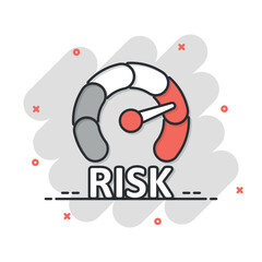 Risk meter icon in comic style. Rating indicator cartoon vector illustration on white isolated background. Fuel level sign splash effect business concept.