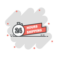 Shipping 24 hours icon in comic style. Delivery countdown cartoon vector illustration on isolated background. Quick service time splash effect sign business concept.