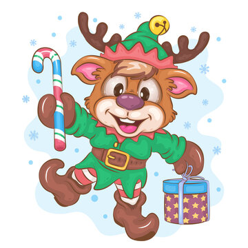 Cartoon Deer Elf. Clipart. Christmas illustration of a merry cartoon Reindeer dressed as an Elf with Candy and a gift. Winter mascot cartoon.