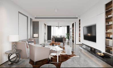 The modern luxury interior of the living room is bright and clean. 3D illustration