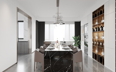 Modern Dining interior with dining table and chairs. 3D illustration