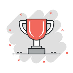 Trophy cup icon in comic style. Goblet prize cartoon vector illustration on isolated background. Award splash effect sign business concept.
