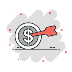 Darts target with dollar icon in comic style. Budget deposit cartoon vector illustration on isolated background. Strategy achievement splash effect sign business concept.