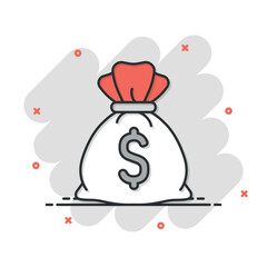 Money bag icon in comic style. Moneybag cartoon vector illustration on isolated background. Coin sack splash effect sign business concept.