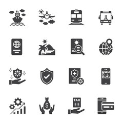 Travel Icon, Icobs for Ease of Traveling concept. Vector solid icons set.