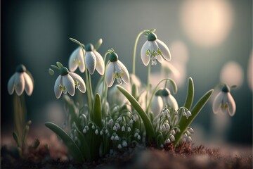Galanthus flowers on bokeh background, winter or early spring banner concept for Spring Equinox